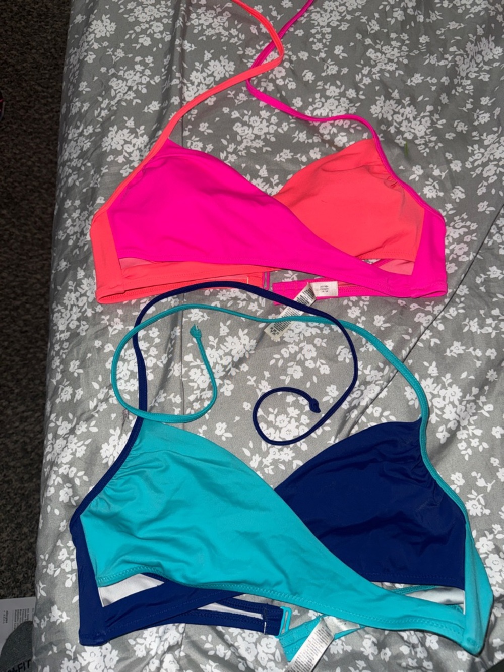 Neon Pink & Coral Halter Bikini Top + Teal & Navy Halter Bikini Top - 2 Pack